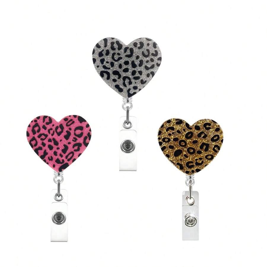TONAVIETO 1pc Leopard Print Glitter Heart Shaped Retractable Badge Reel With Alligator Clip, Suitable For ID, Name Tag, Teacher/Doctor ID, Holiday Gift - Gold - View 1