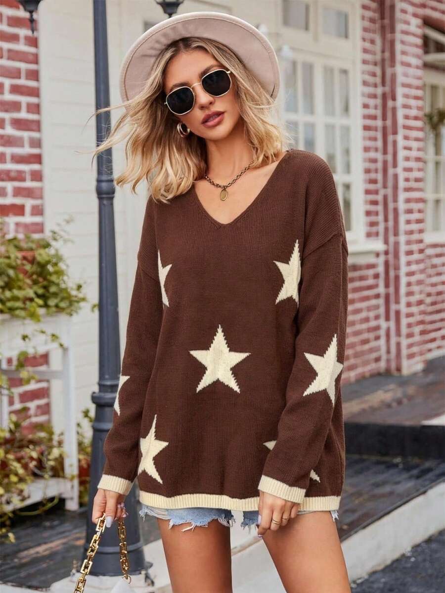 Plus Size Women's Star Pattern Casual Versatile Daily Wear Long Sleeve Sweater - Brown - View 1