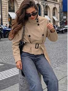 Women's Solid Color Front Button Pocket Belt Trench Coat, Elegant Commute Street Style, Autumn Winter Spring, Quiet Luxury - Khaki - View 2