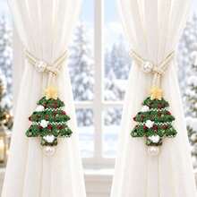 1/2pcs Handmade Fabric Star-Patterned Green Christmas Tree Curtain Tie, Sheer Curtain Fixed With Rope, Winter Christmas Holiday Window Decoration, Home Decor, Suitable For Curtain Fixing, Christmas Curtain Decoration - Multicolor - View 4