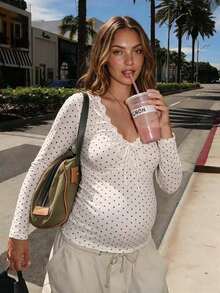 Autumn/Winter All-Season New Versatile Maternity Polka Dot V-Neck Frill Trim Long Sleeve Fitted Top - White - View 4