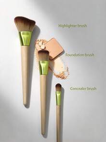 Bamboo Series Makeup Brush Set, 3pcs Face Brushes Suitable For Liquid, Cream And Powder Products Foundation, Highlighter, Concealer And Blending. Synthetic Fiber Ultra Soft, Bamboo Wood Handle. - Lime Green - View 2