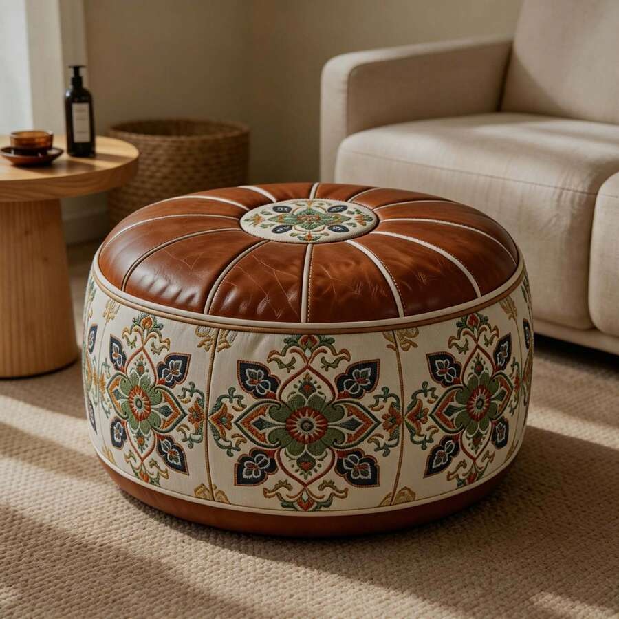 1PC Bohemian-Style Round Storage Ottoman, Faux Leather Linen Floral Footstool, 53*35cm Multifunctional Floor Seat Stool, Large-Capacity Storage Stool With Festive Wreath Decoration For Living Room, Bedroom, And Entryway, Home Holiday Decoration - Coffee-colored Base With Green and White Ruyi Pattern - View 1