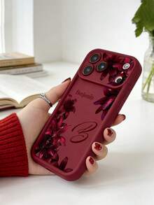 Custom Name Letter Phone Case, Lily Frame Pattern TPU Thickened Full Coverage Shockproof Silicone Lens Protection Shell, Suitable For 16Pro/15 - Burgundy - View 3