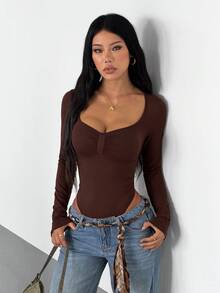 Women's Dark Brown Long Sleeve Bodysuit, Knitted Fabric Mid-Stretch Slim Fit One-Piece - Brown - View 6