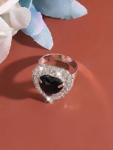 1pc Women's Water Drop Rhinestone Ring, Heart-Shaped Design Sparkling Personalized Ring, Suitable For Dating, Wedding, Party, Vacation And Daily Wear - Black - View 4