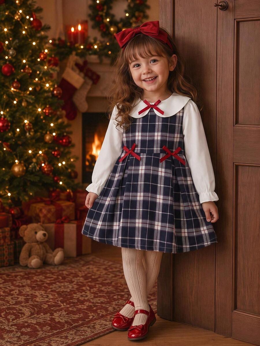 1pc Baby Girl Academy Style Peter Pan Collar Long Sleeve Plaid Dress, Thin Spring/Autumn Princess Dress - Royal Blue - View 1