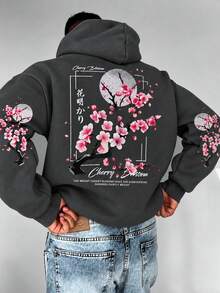 FRACTYR 男士寬鬆落肩連帽衛衣，日式櫻花月亮背印，花卉袖圖案，抽繩長袖街頭套頭連帽衫 - 灰色 - 查看 2