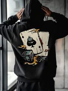 Men's Autumn/Winter Casual Versatile Fashion Minimalist Poker Dice Print Kangaroo Pocket Drawstring Hoodie - Black - View 5