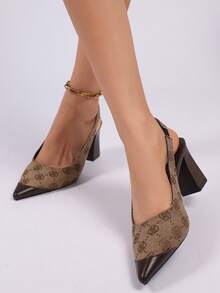 Women's Vintage Floral Print Hollow Back Chunky Heel Pointed Toe Sandals, Elegant Versatile High Heel Pumps For Commute, Work, Date, Party, Shopping, Evening Wear, Daily Outfit - Brown - View 7