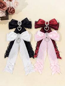 1pc Lolita Lace Bow Hair Clip With Heart Rhinestone Pendant Side Clip, Sweet & Cool Girl Music Festival Anime Convention Hair Accessory - Multicolor - View 3