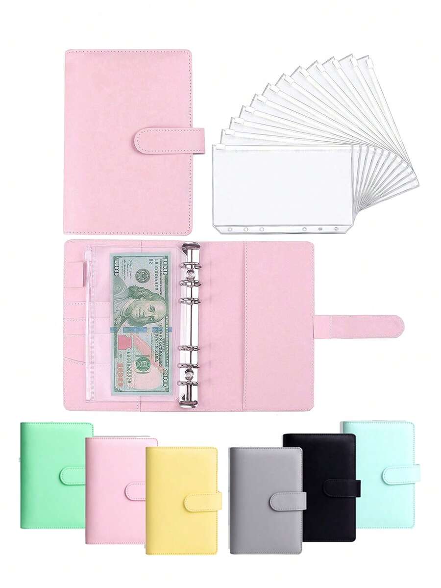 12Pcs Zipper Bags/1Set A6 PU Leather Cover+Cash Envelope Bags With Zipper, Budget Organizer Binder, Money Saving Loose-Leaf Notebook Travel Wallet - Multicolor - View 1