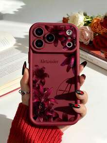 Custom Name Letter Phone Case, Lily Frame Pattern TPU Thickened Full Coverage Shockproof Silicone Lens Protection Shell, Suitable For 16Pro/15 - Burgundy - View 5