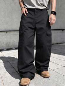 Spring/Autumn Men's Wide Leg Cargo Pants, Multi-Pocket Design, Loose Drape Straight Leg Long Pants, American Street Casual Trousers - Black - View 1