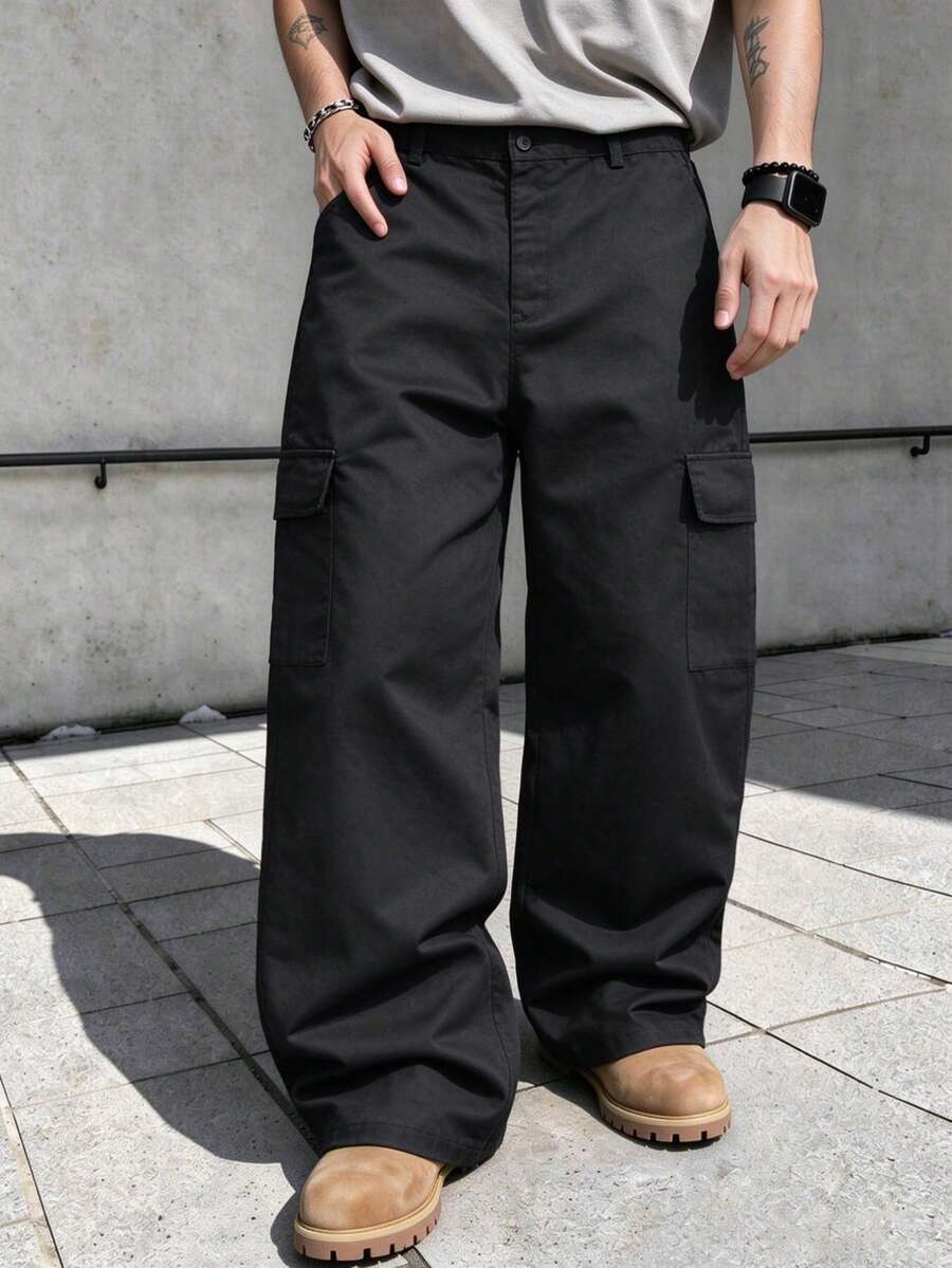 Spring/Autumn Men's Wide Leg Cargo Pants, Multi-Pocket Design, Loose Drape Straight Leg Long Pants, American Street Casual Trousers - Black - View 1