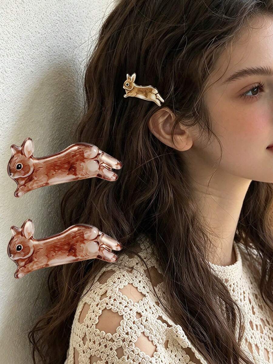 2pcs Women's Vintage Rabbit Hair Clips, Cute Animal Decor Side Clips, Ladies Daily Hair Accessories - Multicolor - View 1