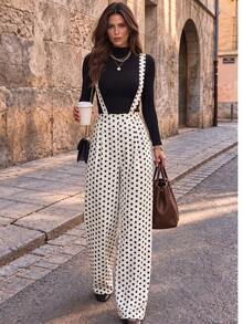 Women's Two Pieces Outfit: Stretchy Top & Non-Stretch Polka Dot Suspender Wide Leg Pants For Casual Office Daily - Black and White - View 1
