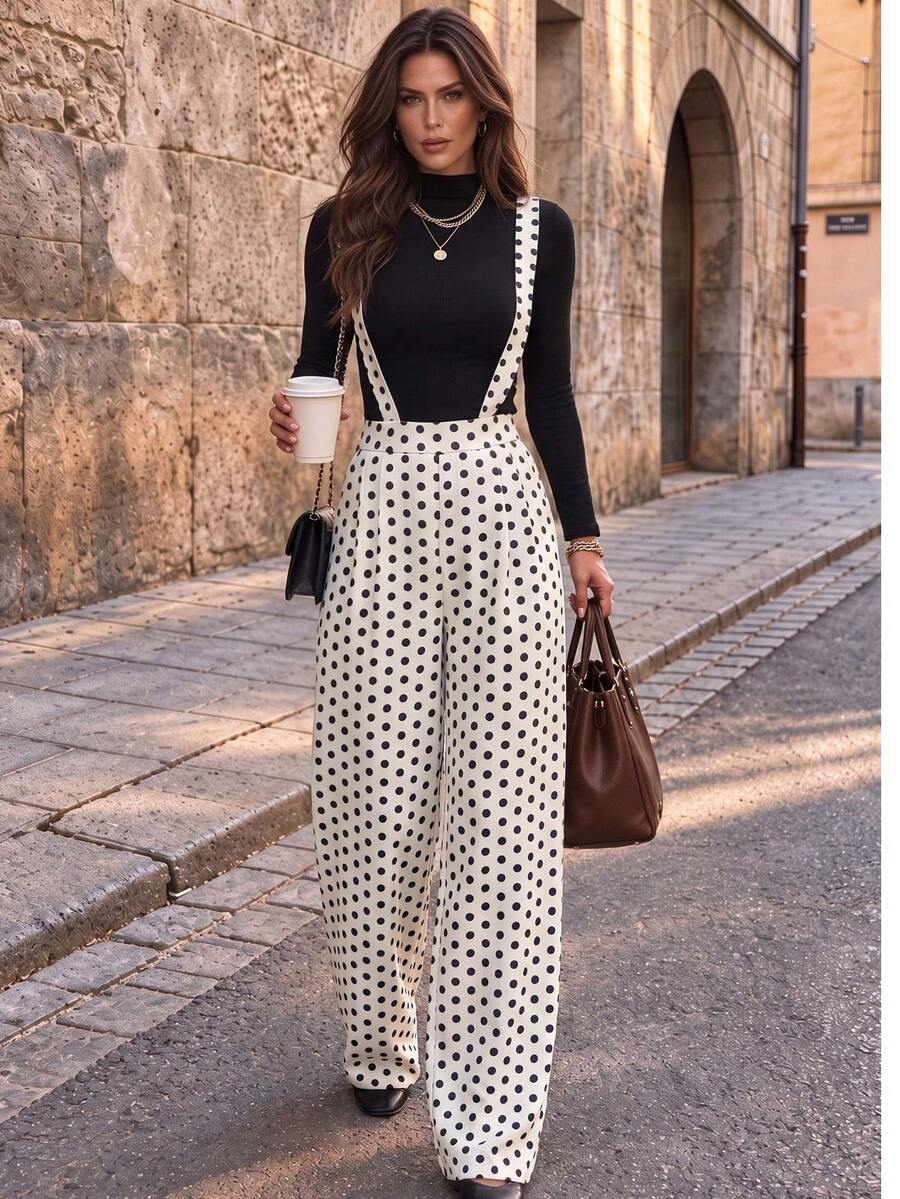 Women's Two Pieces Outfit: Stretchy Top & Non-Stretch Polka Dot Suspender Wide Leg Pants For Casual Office Daily - Black and White - View 1