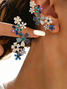 1 Pair Luxury Mixed Color Daisy Flower Earrings, Unique Design Exaggerated Rhinestone Versatile Earrings For Daily Wear, Girlfriend Gift - Earrings - View 5