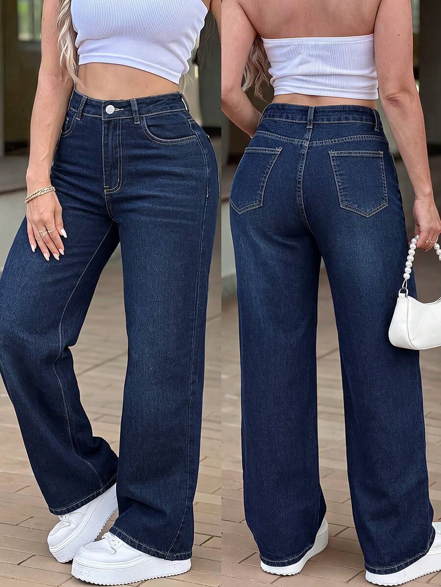 High-Waist High-Street Elegant Wide-Leg Denim Jeans For Women, All-Season New Casual Versatile Drapey Floor-Length Pants - Dark Wash - View 1