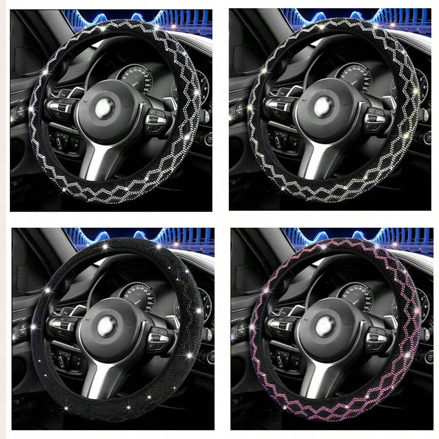 1pc Car Steering Wheel Cover, Rhinestone Elastic No Inner Ring Steering Wheel Protector, All Season Universal, Hot-Stamping Rhinestone Cover, Black/White/Pink 3 Colors Available - Multicolor - View 1