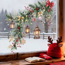 1pc Christmas Pine Tree Wreath Holly Berry Lantern Window Sticker ...