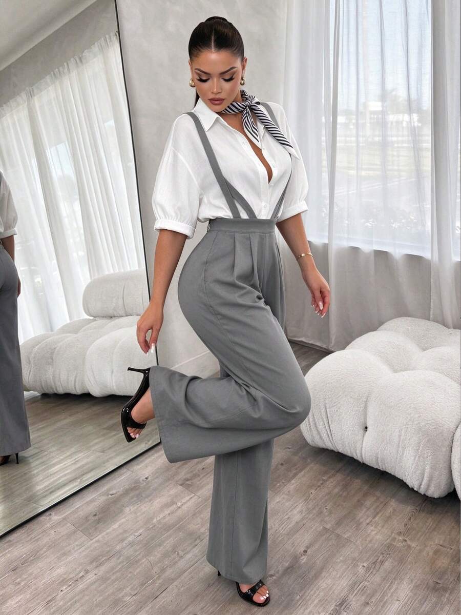 RNU Women's Autumn/Winter French Style Commuter Wide Leg Overalls, High Waist Pleated Design, Practical Pocket Detail, Drapey Suit Fabric, Casual Daily Commute Versatile Slimming Long Overalls - Grey - View 1