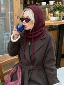 Solid Color One-Piece Women's Head Cover Hat With Drawstring And Detachable Collar, Wool Blend Warm Neck Ski Mask, Outdoor Warm Face Mask Scarf Hat, Suitable For Winter Protection, Muslim Hijab Dress - Solid Color - View 6