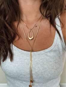 2pcs Minimalist Gold Layered Y-Shaped Long Necklace Set, Fashion Water Drop Pendant, Exquisite Snake Chain Necklace, Elegant Women's Autumn/Winter Jewelry Accessory - Gold - View 1