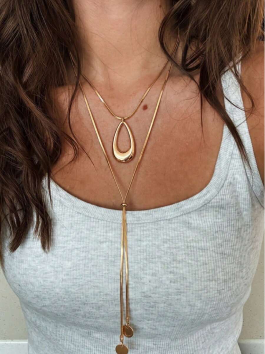 2pcs Minimalist Gold Layered Y-Shaped Long Necklace Set, Fashion Water Drop Pendant, Exquisite Snake Chain Necklace, Elegant Women's Autumn/Winter Jewelry Accessory - Gold - View 1