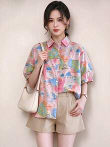 YUXIN Spring/Summer Bestselling Women's Colorful Castle Print Short Sleeve Shirt, Loose Fit With Collar, Breathable And Comfortable Red - Red - View 3