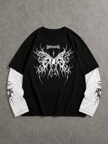 YUNCHIC Men's Long Sleeve Crew Neck T-Shirt, Loose Fit Breathable Casual Top, Korean Minimalist Style Creative Pattern - Black - View 1