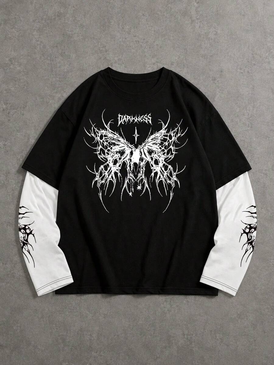 YUNCHIC Men's Long Sleeve Crew Neck T-Shirt, Loose Fit Breathable Casual Top, Korean Minimalist Style Creative Pattern - Black - View 1