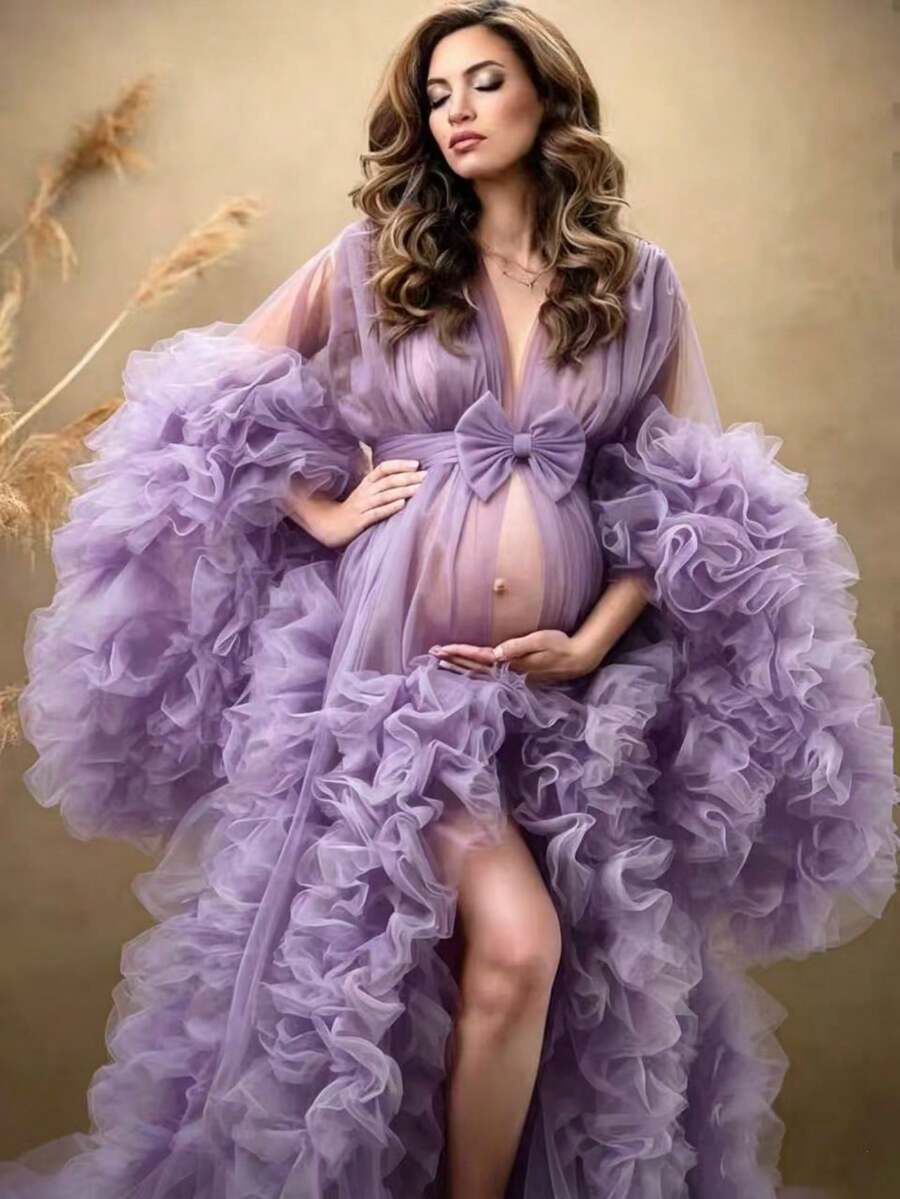 歐美風新娘婚紗多用途性感繫帶孕婦晨袍浴袍睡袍 - 淡紫色 - 查看 1