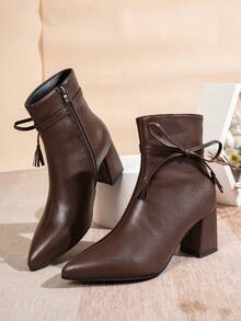 Women's Autumn/Winter Basic Solid Color Fashion Elegant Side Zipper Pointed Toe Chunky Heel High Heel Ankle Boots Single Lining Fabric Brown Ankle Boots With Thin Strap Bow Decor - Brown - View 2