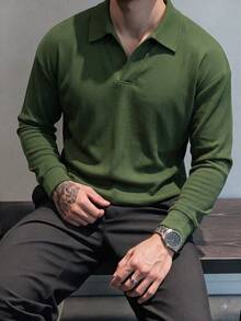 Men's Olive Green Ribbed Knit Polo Shirt V-Neck Long Sleeve Textured Fabric Casual Minimalist Autumn Top - Army Green - View 2