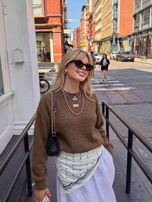 Women's Crew Neck Dropped Shoulder Loose Silhouette Sweatshirt, Casual Long Sleeve Basic Top For Autumn - Brown - View 6