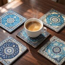 8pcs Persian Vintage Carpet Pattern Square Coasters, Blue Heat-Insulating Cup Mats, Home Kitchen Decor Accessories, Suitable For Various Holiday Gatherings, Party Gifts, Protect Tabletop Decor - PET Coaster LDX3097 - View 2
