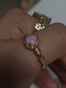 Vanel 1pc Vintage Gold Flower & Lace Detail Opal Ring, Retro Palace Style Opal Ring As Gift For Wife/Mom Valentines,Mom,Mother,Mother's Day,Gift - Yellow Gold - View 4