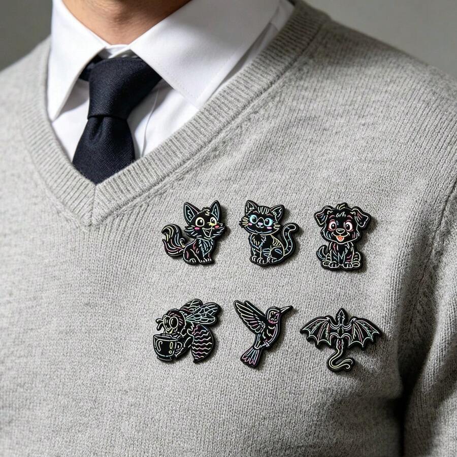 1pc/6pcs Neon Line Cartoon Animal Enamel Brooch Y2K Badge Suit Denim Wallet Accessory Versatile Men's Niche Gift - Multicolor - View 1