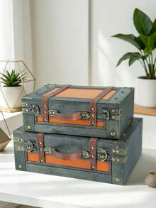 2Pcs Vintage Wooden Storage Trunk Set, Decorative Antique Treasure Chest With PU Leather Strap, Retro Wooden Box For Home Decor Photo Prop Keepsake Organizer - Multicolor - View 3