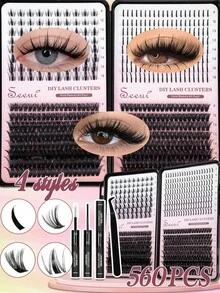 560pcs DIY Eyelash Extension Kit, Large-Capacity Mix Individual Lashes With Lash Bond And Seal, Lash Tweezers,Fit Different Eye Shapes,Novice-Friendly, ,Lashes,Eyelashes,Lashes Clusters Kit - Black - View 1