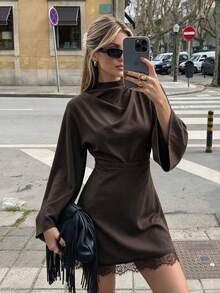 Women's Autumn Waist Pleated Slim Fit Flare Sleeve Dress, Suitable For Party, Gathering, Fallfashion, Shortgirlproblems - Brown - View 10