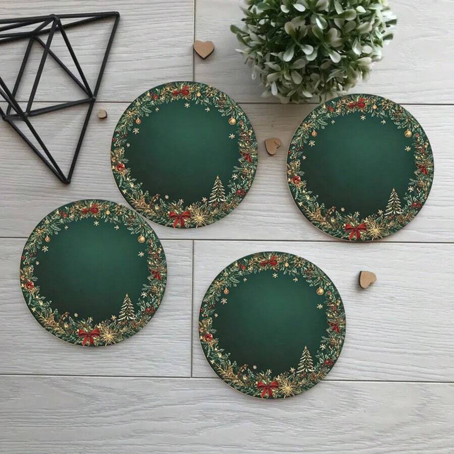 Merry Christmas Green Theme, 2D Printed Pattern Design Waterproof Heat-Insulating Coaster, Home Kitchen Decor Accessory, Suitable For Various Holiday Gatherings, Winter Tabletop Decoration, Christmas Gift - Coaster/LDX96 - View 1