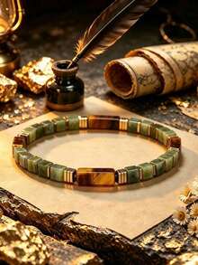 Symbolizing Wealth Beaded Bracelet With Square East Jade Tiger Eye, Attract Opportunity & Fortune, Vintage Spiritual Jewelry For Daily Wear Gifting - Multicolor - View 2