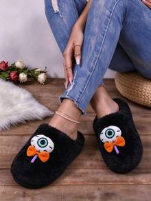 Women's Halloween Cute 3D Eyes & Bow Decor Plush Slippers, Soft Warm Non-Slip Flat Indoor House Shoes, Slip-On Design, Easy To Put On And Take Off - Black - View 7
