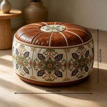 1PC Bohemian-Style Round Storage Ottoman, Faux Leather Linen Floral Footstool, 53*35cm Multifunctional Floor Seat Stool, Large-Capacity Storage Stool With Festive Wreath Decoration For Living Room, Bedroom, And Entryway, Home Holiday Decoration - Coffee-colored Base With Green and White Ruyi Pattern - View 8