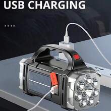 Lámpara de mano portátil recargable con 8/4 LED, linterna potente para acampada al aire libre, luz solar recargable por USB, antorcha con linterna de trabajo COB - Negro - Ver 9