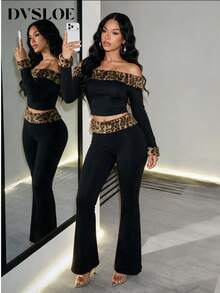 DVSLOE Wome Y2K Black Fall Winter Two Pieces Outfit, Off Shoulder Fuzzy Leopard Trim Crop Top + High Waist Flare Pants Set For Party Night Out - Black - View 2