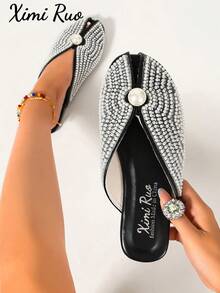 Ximi Ruo Women's Peep-Toe Cool Slide Sandals Spring New Fashion Outdoor Wear Flat Rhinestone Closed Toe Slippers Slouchy Mule Shoes Internet Celebrity Closed Toe Slippers Women's Shoes Outdoor Wear Spring Summer New Fashion Pointed Toe Chunky Heel Mule Shoes Rhinestone - Black - View 8